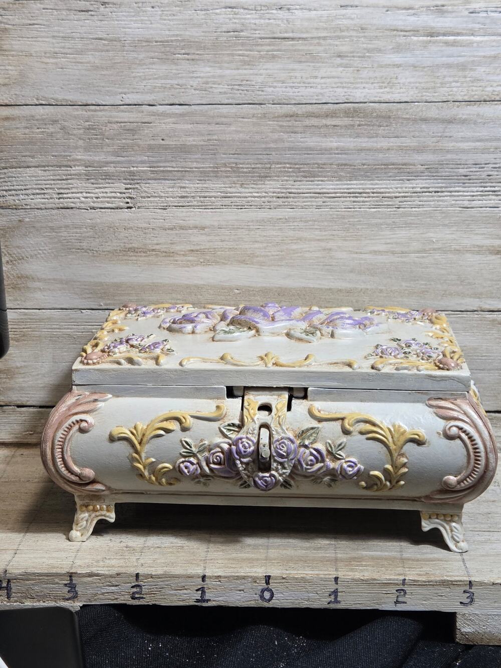 Metal Jewelry Box Vintage Purple Rose Victorian Style Footed Trinket Box 7" x 4"